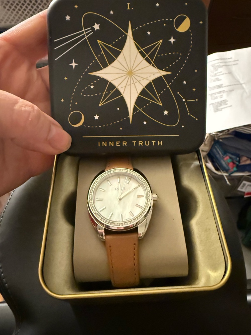 Fossil Silver-Tone Case Watch with Brown Leather Strap